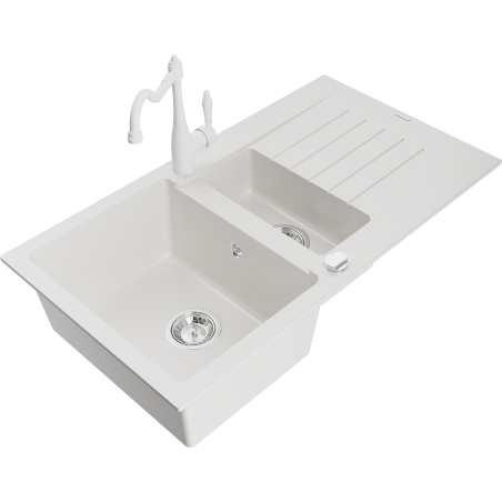 Mexen Matias zlewozmywak granitowy 1,5-komorowy z ociekaczem i baterią kuchenną Carla, biały - 6502-20-670700-20