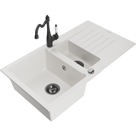 Mexen Matias zlewozmywak granitowy 1,5-komorowy z ociekaczem i baterią kuchenną Carla, biały - 6502-20-670700-70