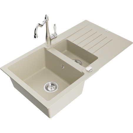 Mexen Matias zlewozmywak granitowy 1,5-komorowy z ociekaczem i baterią kuchenną Carla, beżowy - 6502-69-670700-00