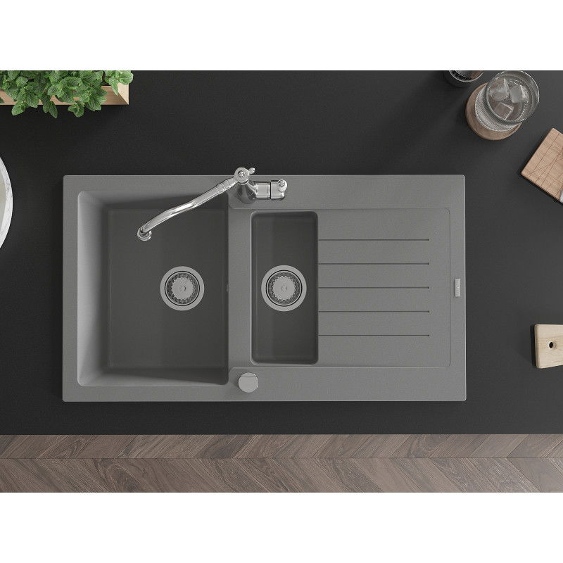 Mexen Matias zlewozmywak granitowy 1,5-komorowy z ociekaczem i baterią kuchenną Carla, szary - 6502-71-670700-00