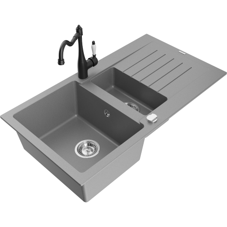 Mexen Matias zlewozmywak granitowy 1,5-komorowy z ociekaczem i baterią kuchenną Carla, szary - 6502-71-670700-70