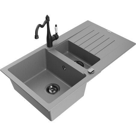 Mexen Matias zlewozmywak granitowy 1,5-komorowy z ociekaczem i baterią kuchenną Carla, szary - 6502-71-670700-70-B
