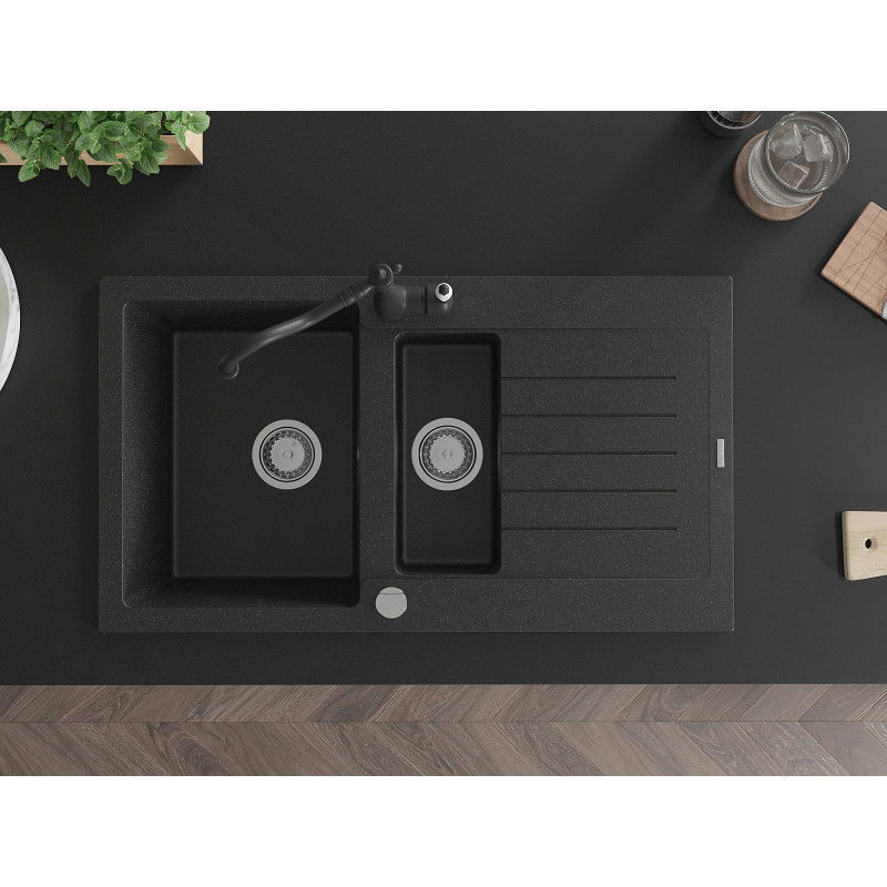 Mexen Matias zlewozmywak granitowy 1,5-komorowy z ociekaczem i baterią kuchenną Carla czarny/srebrny metalik - 6502-73-670700-70