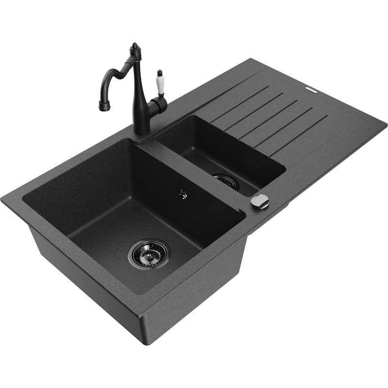 Mexen Matias zlewozmywak granitowy 1,5-komorowy z ociekaczem i baterią kuchenną Carla, czarny nakrapiany - 6502-76-670700-70-B