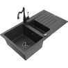Mexen Matias zlewozmywak granitowy 1,5-komorowy z ociekaczem i baterią kuchenną Carla, czarny nakrapiany - 6502-76-670700-70-B