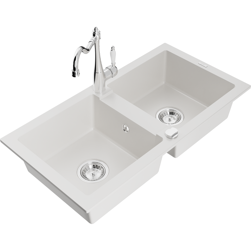 Mexen Mario zlewozmywak granitowy 2-komorowy z baterią kuchenną Carla, biały - 6504-20-670700-00