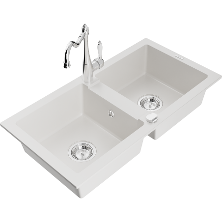 Mexen Mario zlewozmywak granitowy 2-komorowy z baterią kuchenną Carla, biały - 6504-20-670700-00