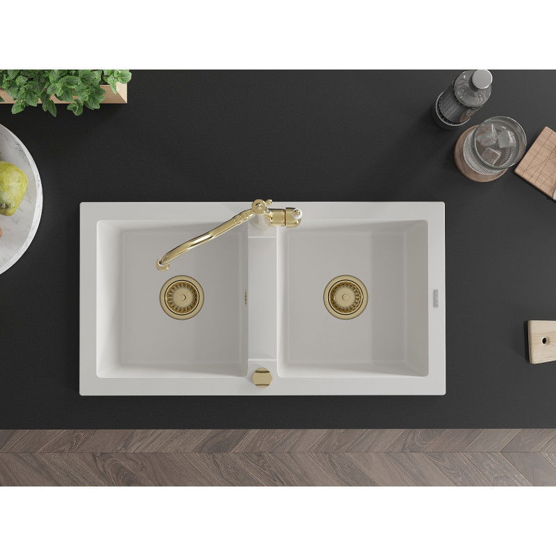 Mexen Mario zlewozmywak granitowy 2-komorowy z baterią kuchenną Carla, biały - 6504-20-670700-50