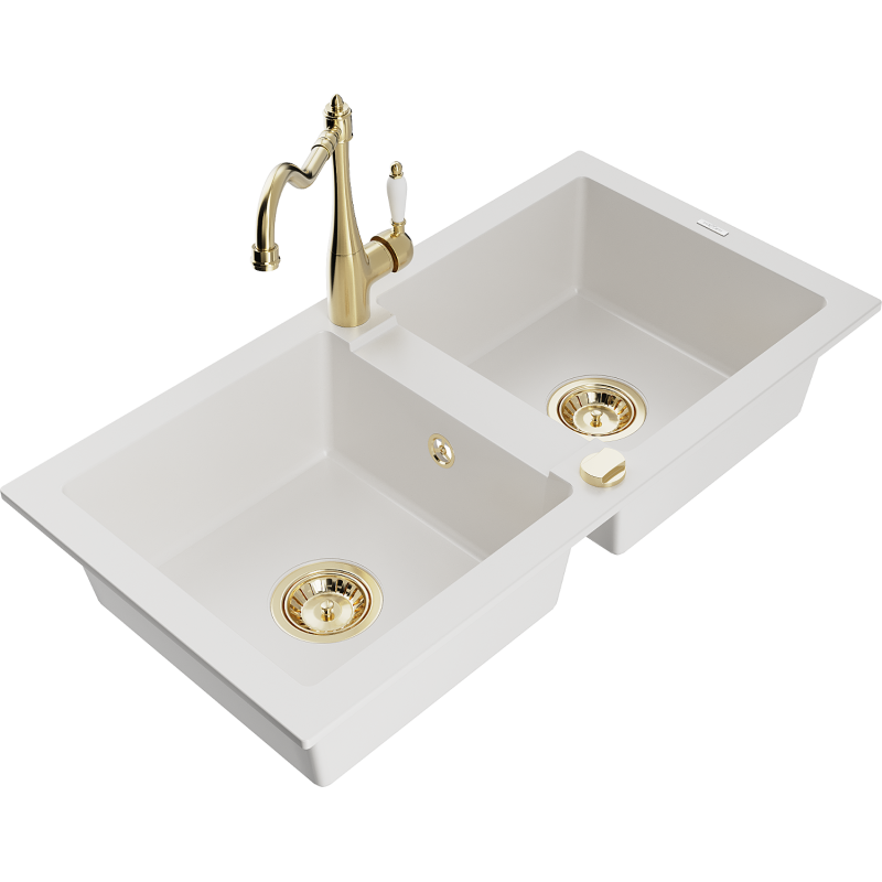 Mexen Mario zlewozmywak granitowy 2-komorowy z baterią kuchenną Carla, biały - 6504-20-670700-50