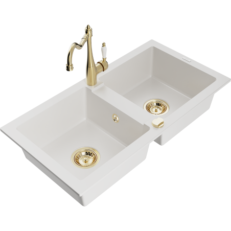 Mexen Mario zlewozmywak granitowy 2-komorowy z baterią kuchenną Carla, biały - 6504-20-670700-50