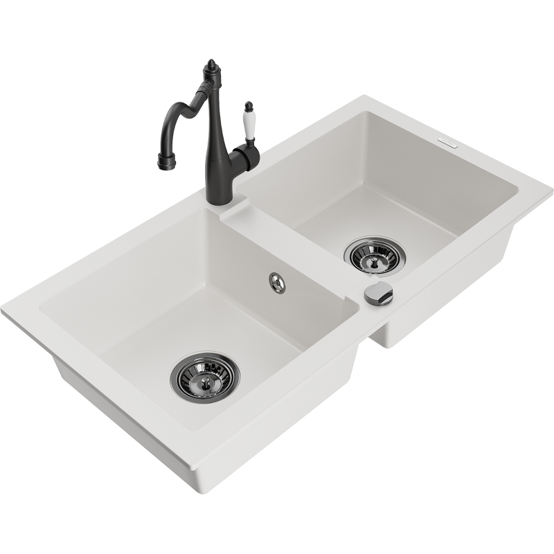 Mexen Mario zlewozmywak granitowy 2-komorowy z baterią kuchenną Carla, biały - 6504-20-670700-70