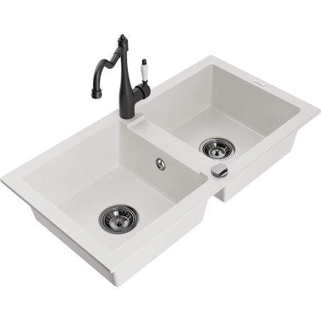 Mexen Mario zlewozmywak granitowy 2-komorowy z baterią kuchenną Carla, biały - 6504-20-670700-70
