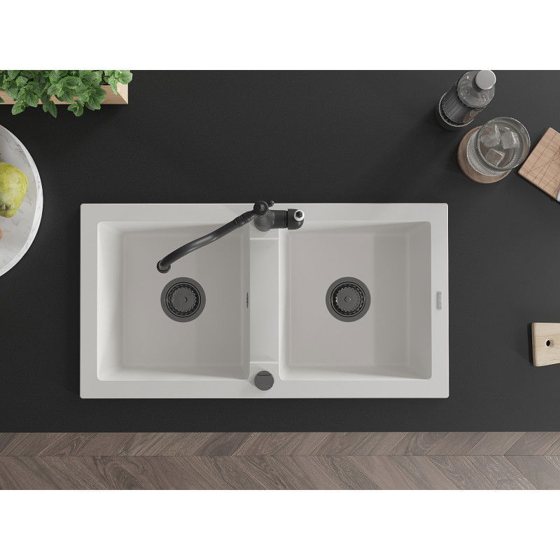 Mexen Mario zlewozmywak granitowy 2-komorowy z baterią kuchenną Carla, biały - 6504-20-670700-70