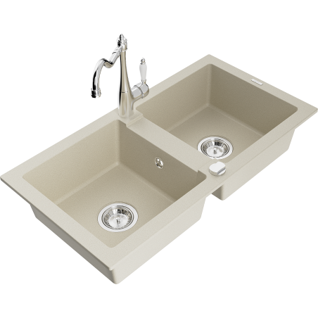 Mexen Mario zlewozmywak granitowy 2-komorowy z baterią kuchenną Carla, beżowy - 6504-69-670700-00