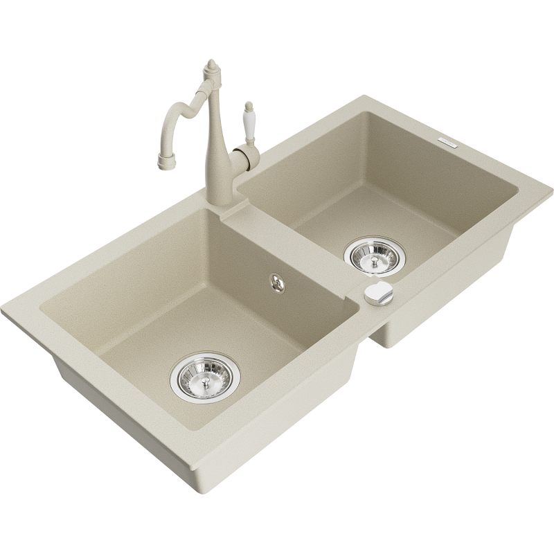 Mexen Mario zlewozmywak granitowy 2-komorowy z baterią kuchenną Carla, beżowy - 6504-69-670700-69