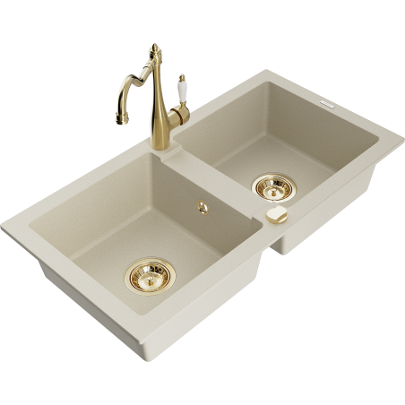 Mexen Mario zlewozmywak granitowy 2-komorowy z baterią kuchenną Carla, beżowy - 6504-69-670700-50