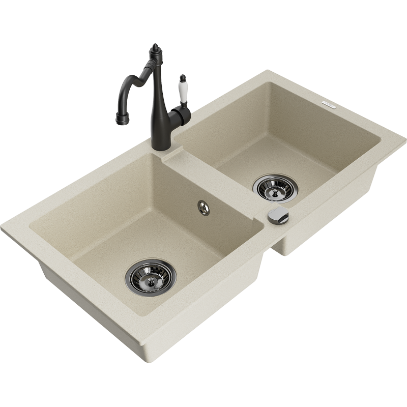 Mexen Mario zlewozmywak granitowy 2-komorowy z baterią kuchenną Carla, beżowy - 6504-69-670700-70