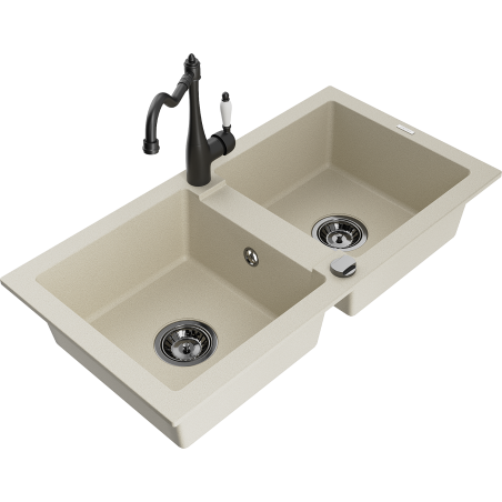 Mexen Mario zlewozmywak granitowy 2-komorowy z baterią kuchenną Carla, beżowy - 6504-69-670700-70