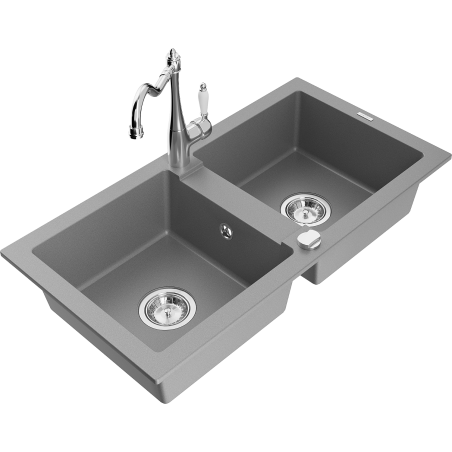 Mexen Mario zlewozmywak granitowy 2-komorowy z baterią kuchenną Carla, szary - 6504-71-670700-00