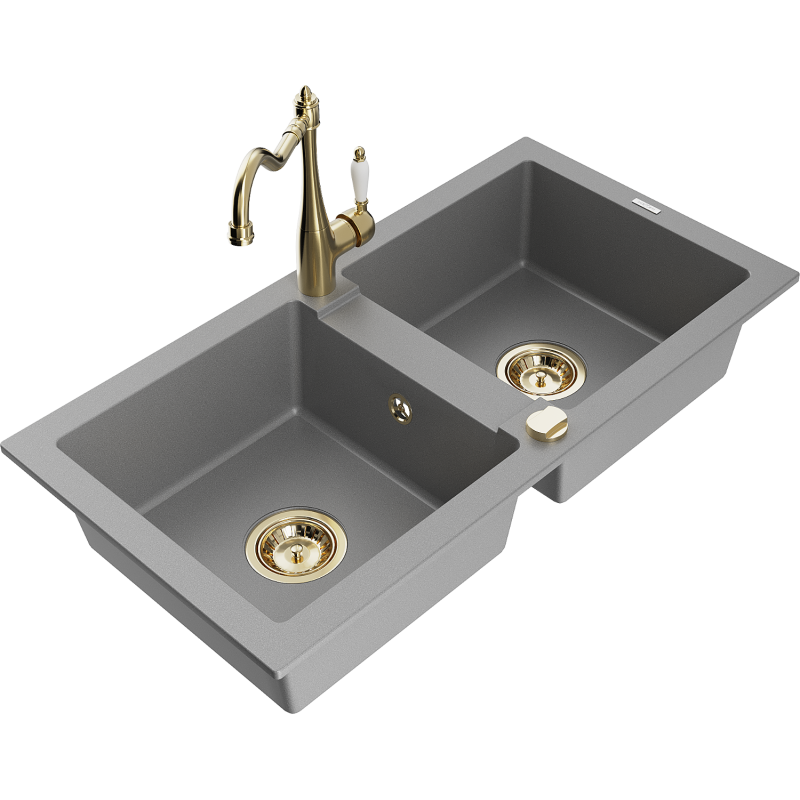 Mexen Mario zlewozmywak granitowy 2-komorowy z baterią kuchenną Carla, szary - 6504-71-670700-50