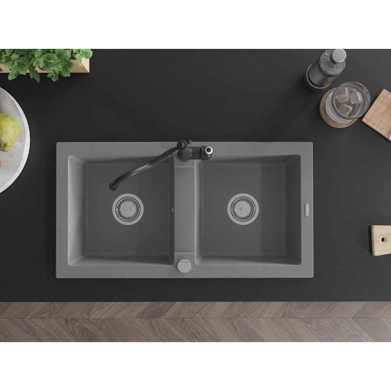 Mexen Mario zlewozmywak granitowy 2-komorowy z baterią kuchenną Carla, szary - 6504-71-670700-70