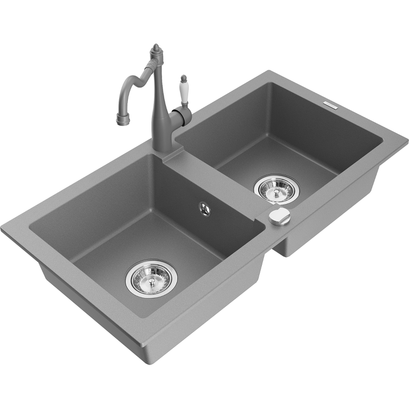 Mexen Mario zlewozmywak granitowy 2-komorowy z baterią kuchenną Carla, szary - 6504-71-670700-71