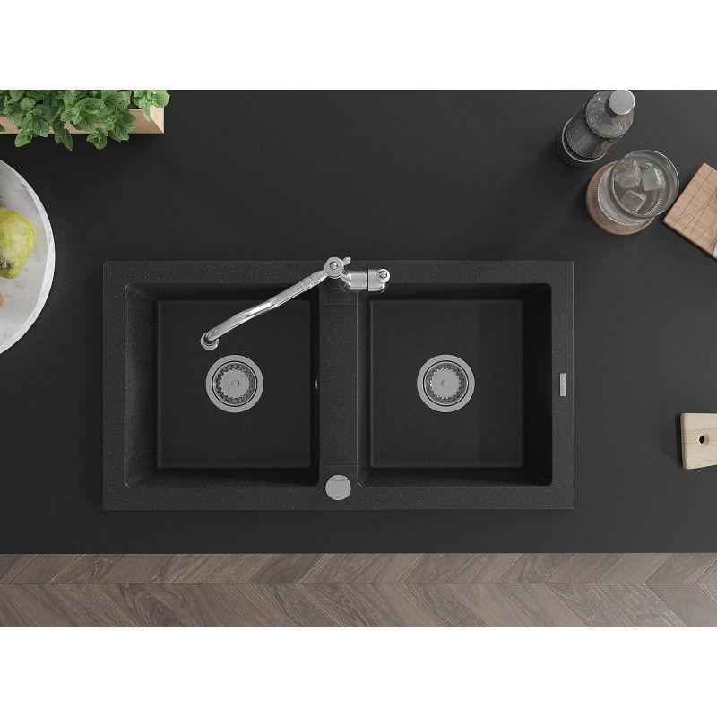 Mexen Mario zlewozmywak granitowy 2-komorowy z baterią kuchenną Carla, czarny/srebrny metalik - 6504-73-670700-00