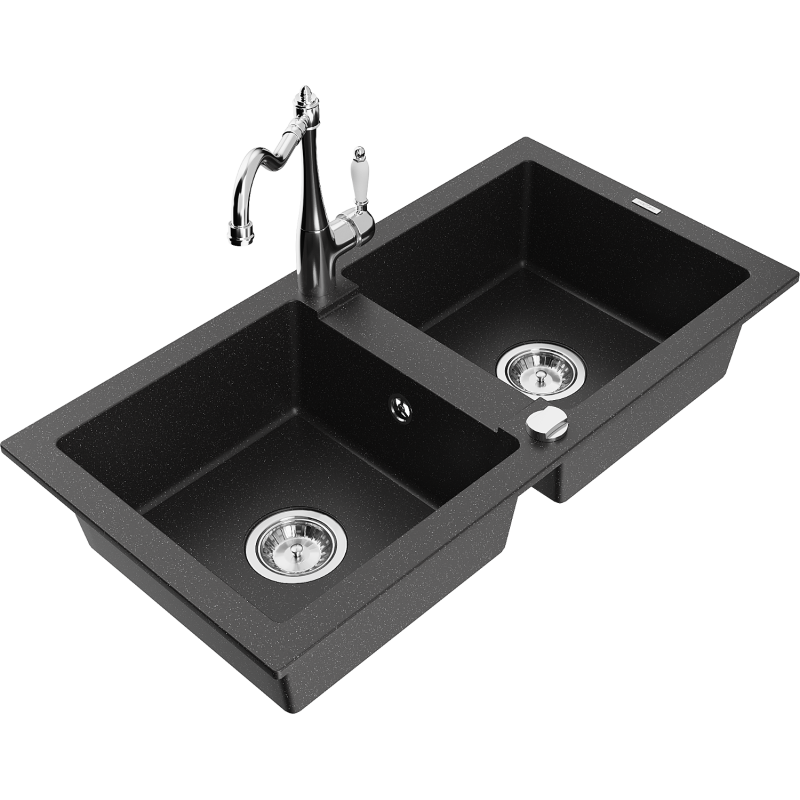 Mexen Mario zlewozmywak granitowy 2-komorowy z baterią kuchenną Carla, czarny/srebrny metalik - 6504-73-670700-00