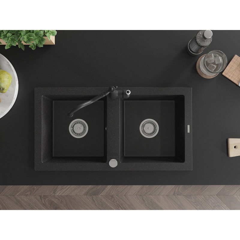 Mexen Mario zlewozmywak granitowy 2-komorowy z baterią kuchenną Carla, czarny/srebrny metalik - 6504-73-670700-70
