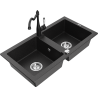 Mexen Mario zlewozmywak granitowy 2-komorowy z baterią kuchenną Carla, czarny/srebrny metalik - 6504-73-670700-70