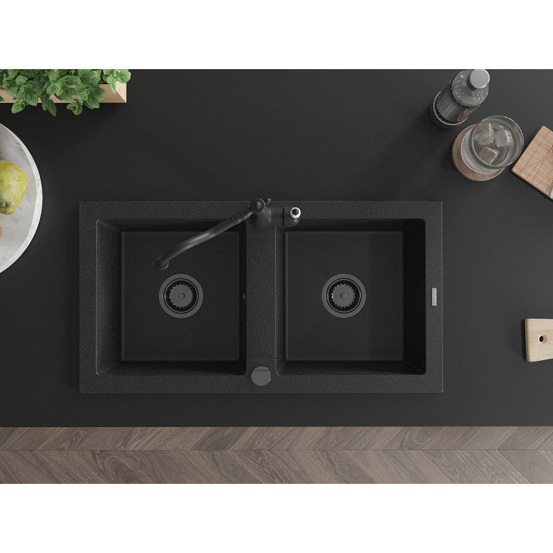 Mexen Mario zlewozmywak granitowy 2-komorowy z baterią kuchenną Carla, czarny/srebrny metalik - 6504-73-670700-70-B