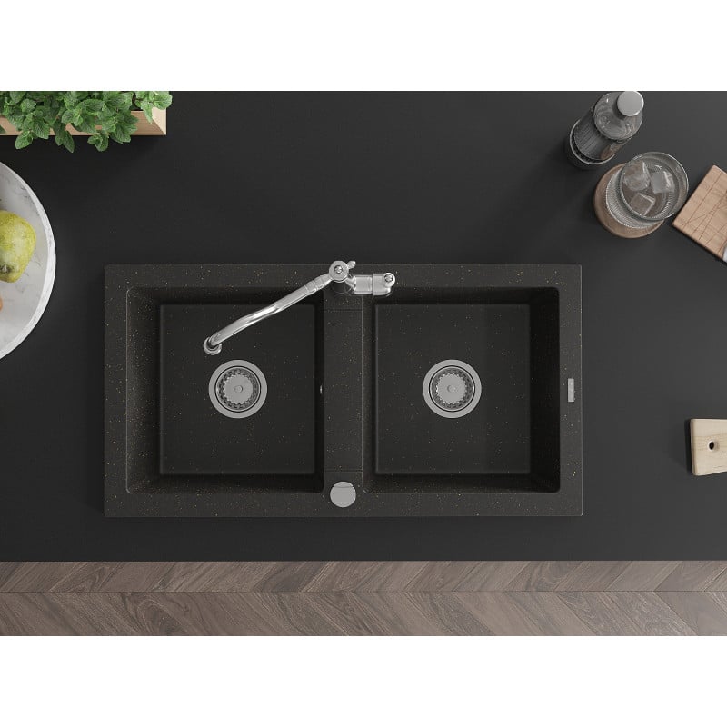 Mexen Mario zlewozmywak granitowy 2-komorowy z baterią kuchenną Carla, czarny/złoty metalik - 6504-75-670700-00