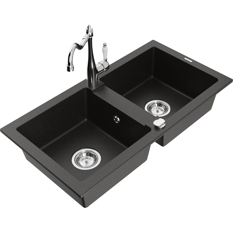 Mexen Mario zlewozmywak granitowy 2-komorowy z baterią kuchenną Carla, czarny/złoty metalik - 6504-75-670700-00