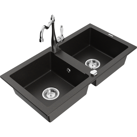 Mexen Mario zlewozmywak granitowy 2-komorowy z baterią kuchenną Carla, czarny/złoty metalik - 6504-75-670700-00