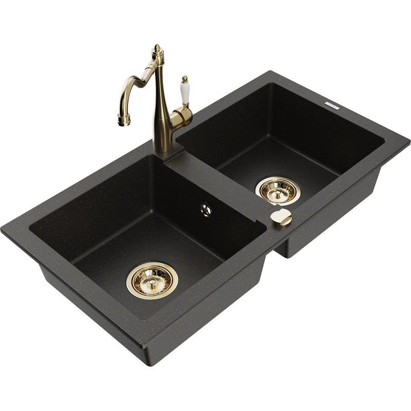 Mexen Mario zlewozmywak granitowy 2-komorowy z baterią kuchenną Carla, czarny/złoty metalik - 6504-75-670700-50