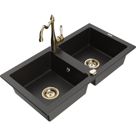Mexen Mario zlewozmywak granitowy 2-komorowy z baterią kuchenną Carla, czarny/złoty metalik - 6504-75-670700-50