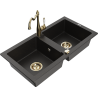 Mexen Mario zlewozmywak granitowy 2-komorowy z baterią kuchenną Carla, czarny/złoty metalik - 6504-75-670700-50