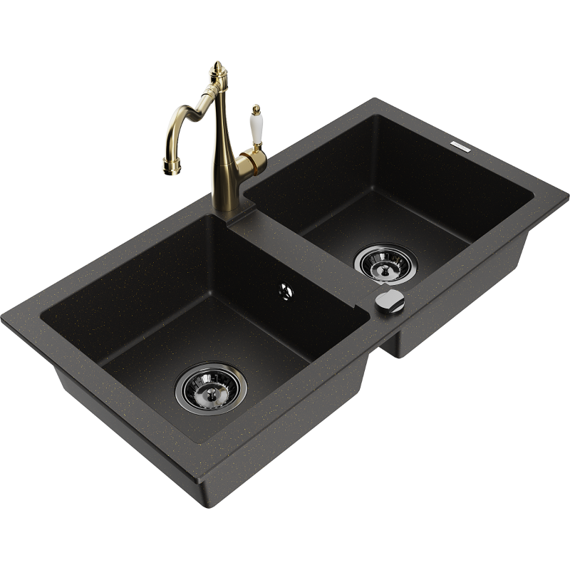 Mexen Mario zlewozmywak granitowy 2-komorowy z baterią kuchenną Carla, czarny/złoty metalik - 6504-75-670700-50-B