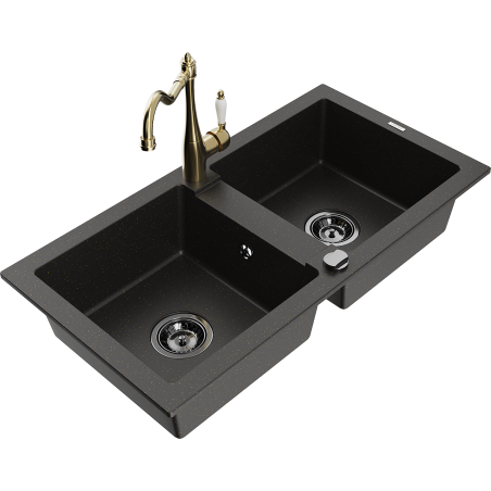 Mexen Mario zlewozmywak granitowy 2-komorowy z baterią kuchenną Carla, czarny/złoty metalik - 6504-75-670700-50-B