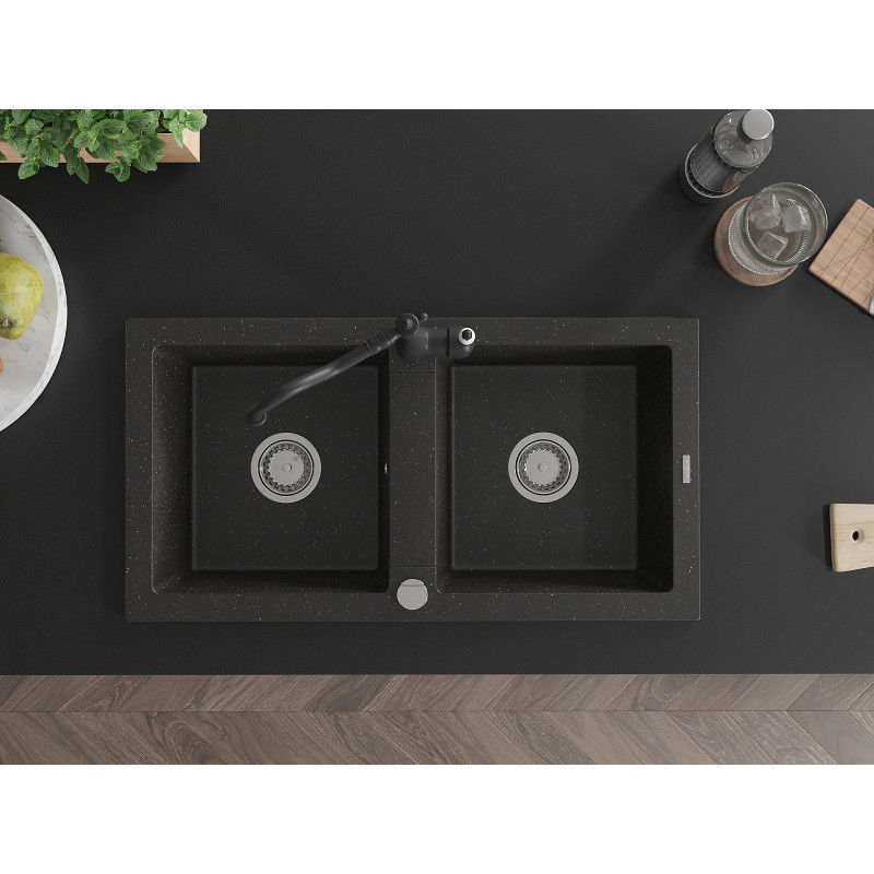 Mexen Mario zlewozmywak granitowy 2-komorowy z baterią kuchenną Carla, czarny/złoty metalik - 6504-75-670700-70