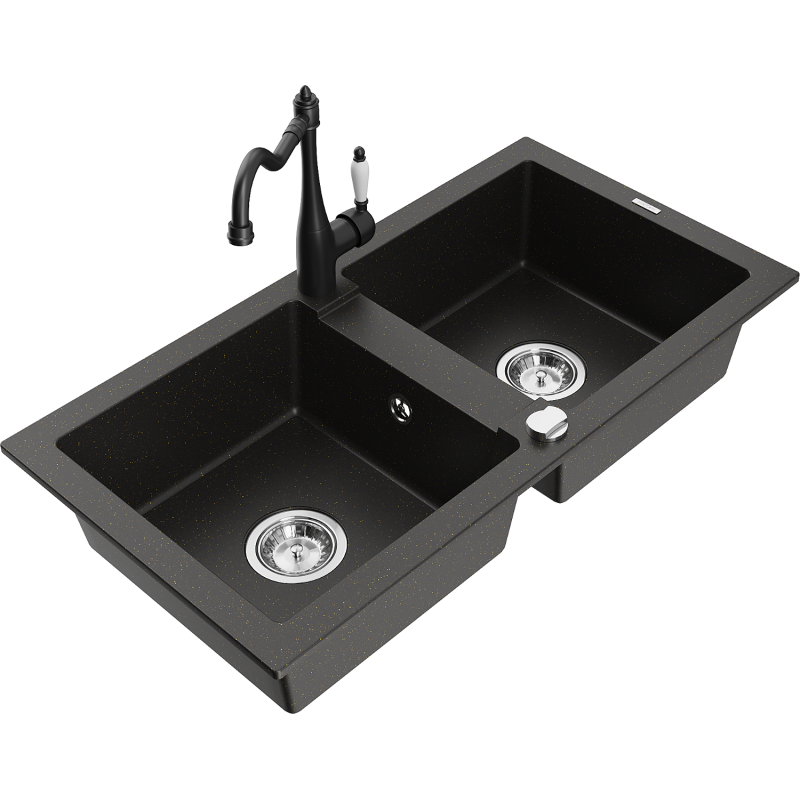 Mexen Mario zlewozmywak granitowy 2-komorowy z baterią kuchenną Carla, czarny/złoty metalik - 6504-75-670700-70