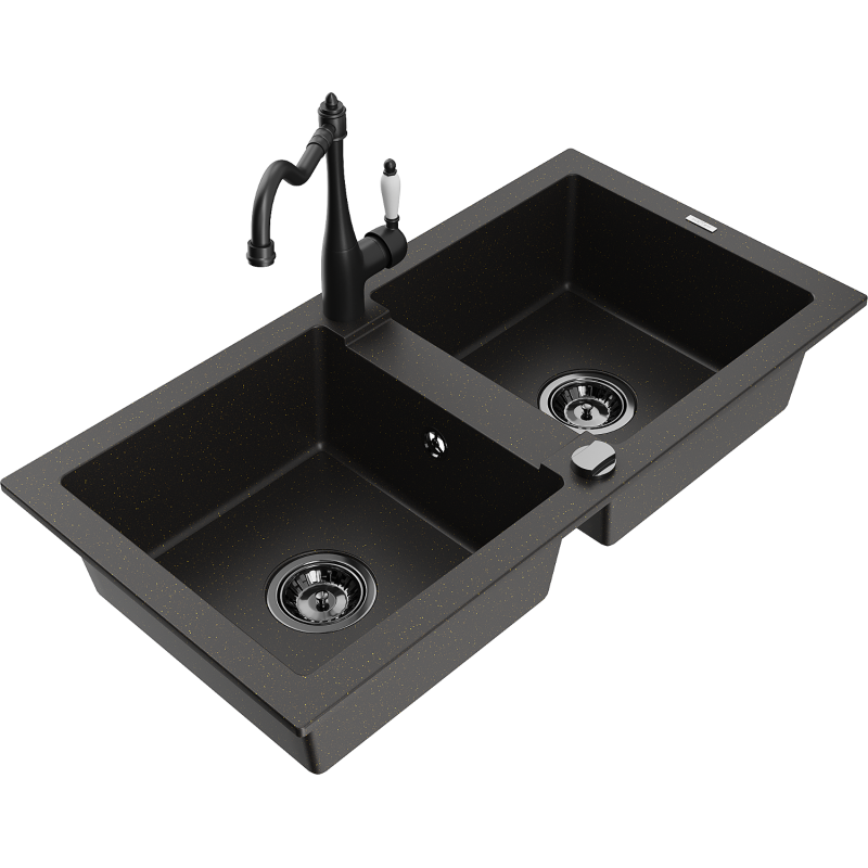 Mexen Mario zlewozmywak granitowy 2-komorowy z baterią kuchenną Carla, czarny/złoty metalik - 6504-75-670700-70-B