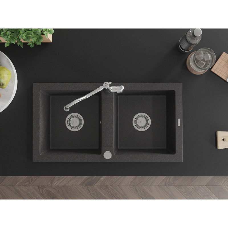 Mexen Mario zlewozmywak granitowy 2-komorowy z baterią kuchenną Carla, czarny nakrapiany - 6504-76-670700-00