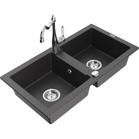 Mexen Mario zlewozmywak granitowy 2-komorowy z baterią kuchenną Carla, czarny nakrapiany - 6504-76-670700-00