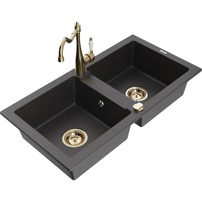 Mexen Mario zlewozmywak granitowy 2-komorowy z baterią kuchenną Carla, czarny nakrapiany - 6504-76-670700-50