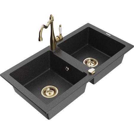Mexen Mario zlewozmywak granitowy 2-komorowy z baterią kuchenną Carla, czarny nakrapiany - 6504-76-670700-50