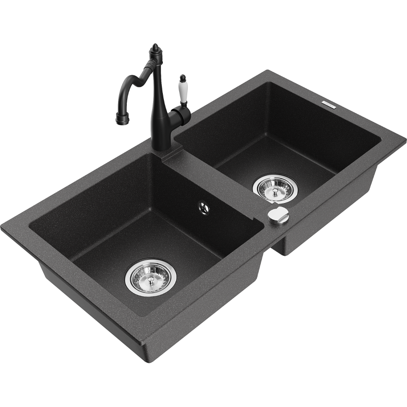Mexen Mario zlewozmywak granitowy 2-komorowy z baterią kuchenną Carla, czarny nakrapiany - 6504-76-670700-70