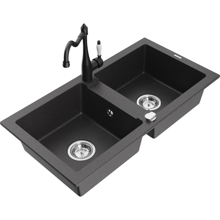 Mexen Mario zlewozmywak granitowy 2-komorowy z baterią kuchenną Carla, czarny nakrapiany - 6504-76-670700-70