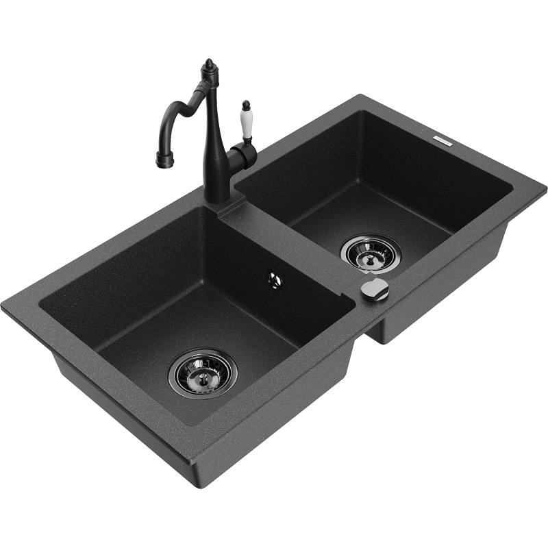 Mexen Mario zlewozmywak granitowy 2-komorowy z baterią kuchenną Carla, czarny nakrapiany - 6504-76-670700-70-B