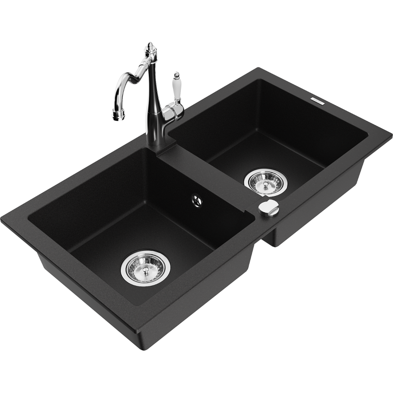 Mexen Mario zlewozmywak granitowy 2-komorowy z baterią kuchenną Carla, czarny - 6504-77-670700-00